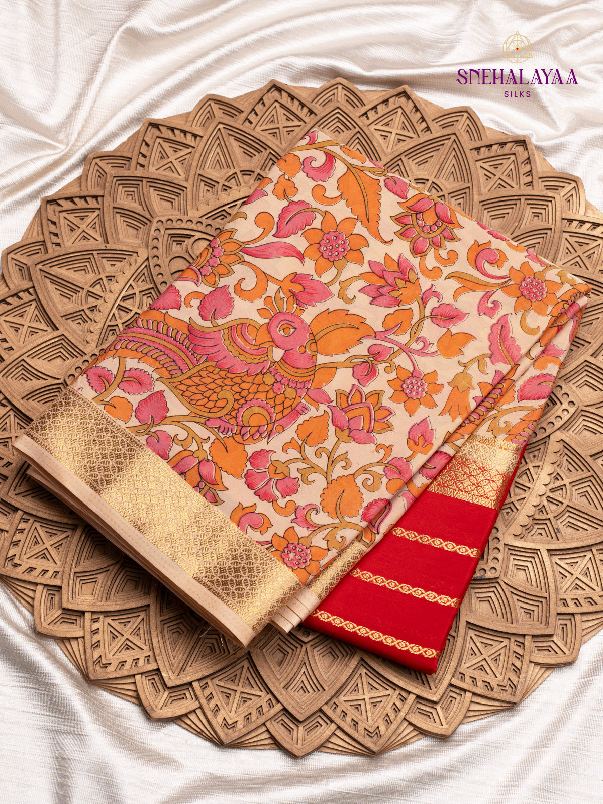 Red Printed Mysore Silk Saree